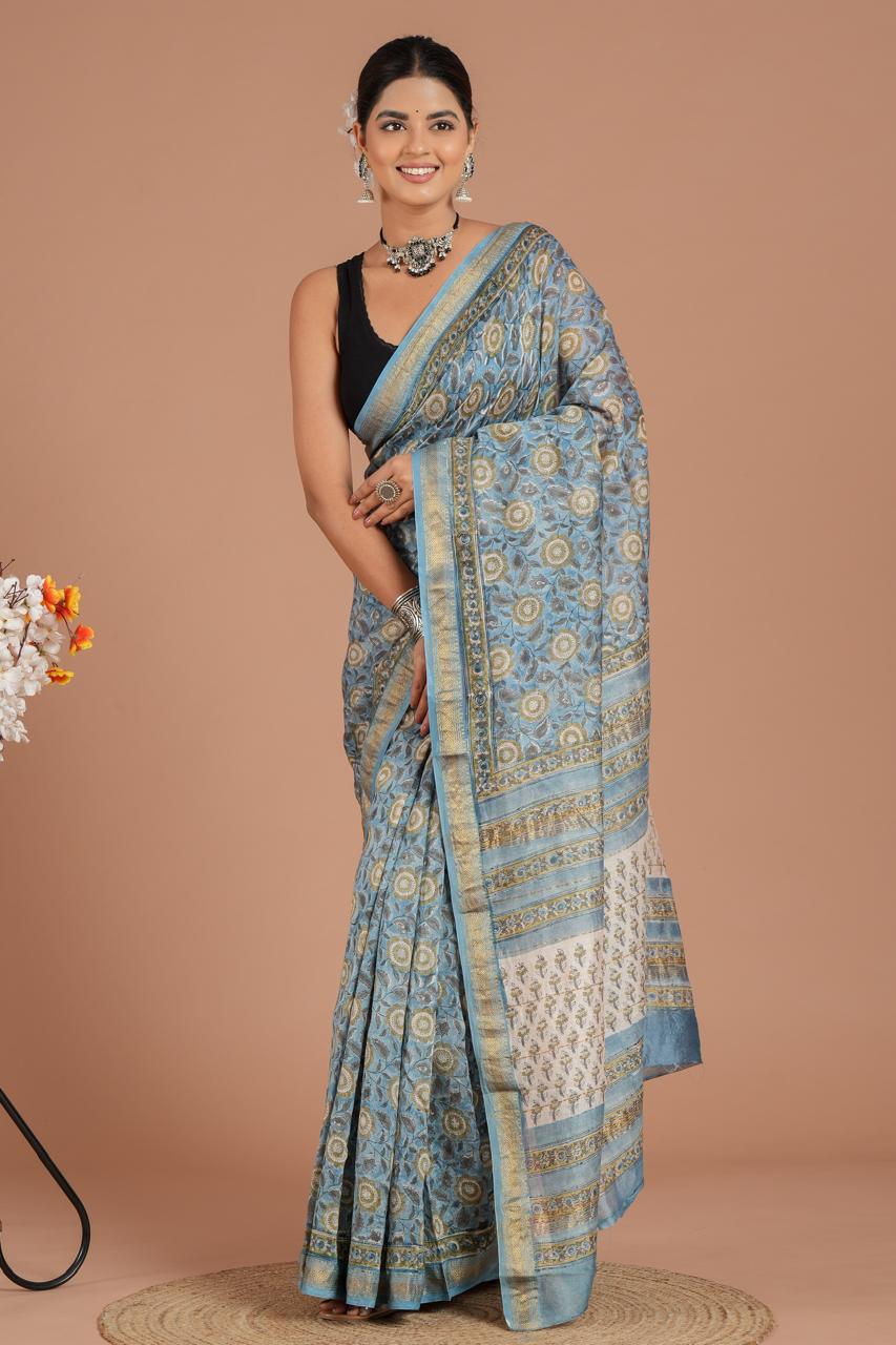 Maheshwari Silk Saree – Elegant Bagru Print | With Blouse Piece