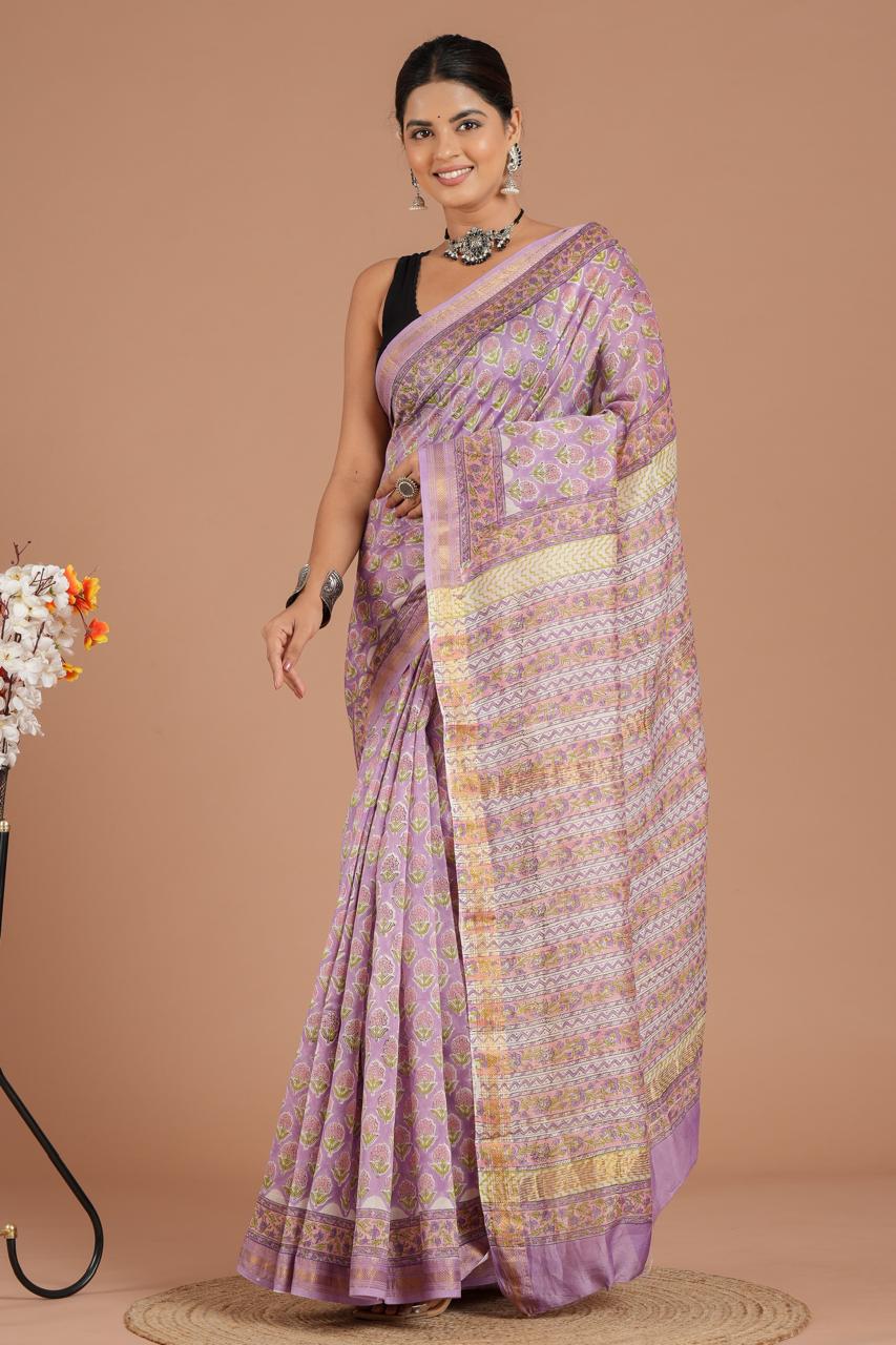 Maheshwari Silk Saree – Elegant Bagru Print | With Blouse Piece