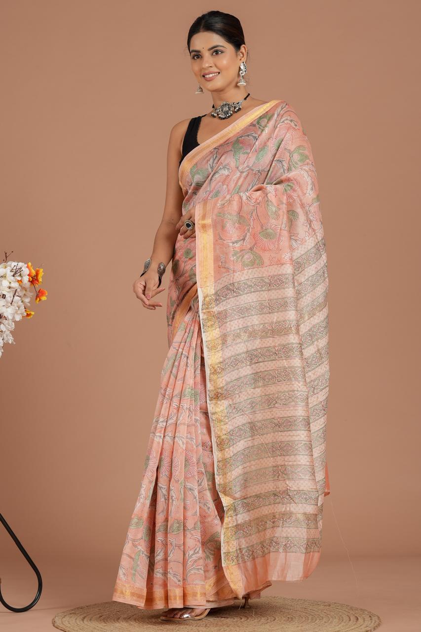Maheshwari Silk Saree – Elegant Bagru Print | With Blouse Piece