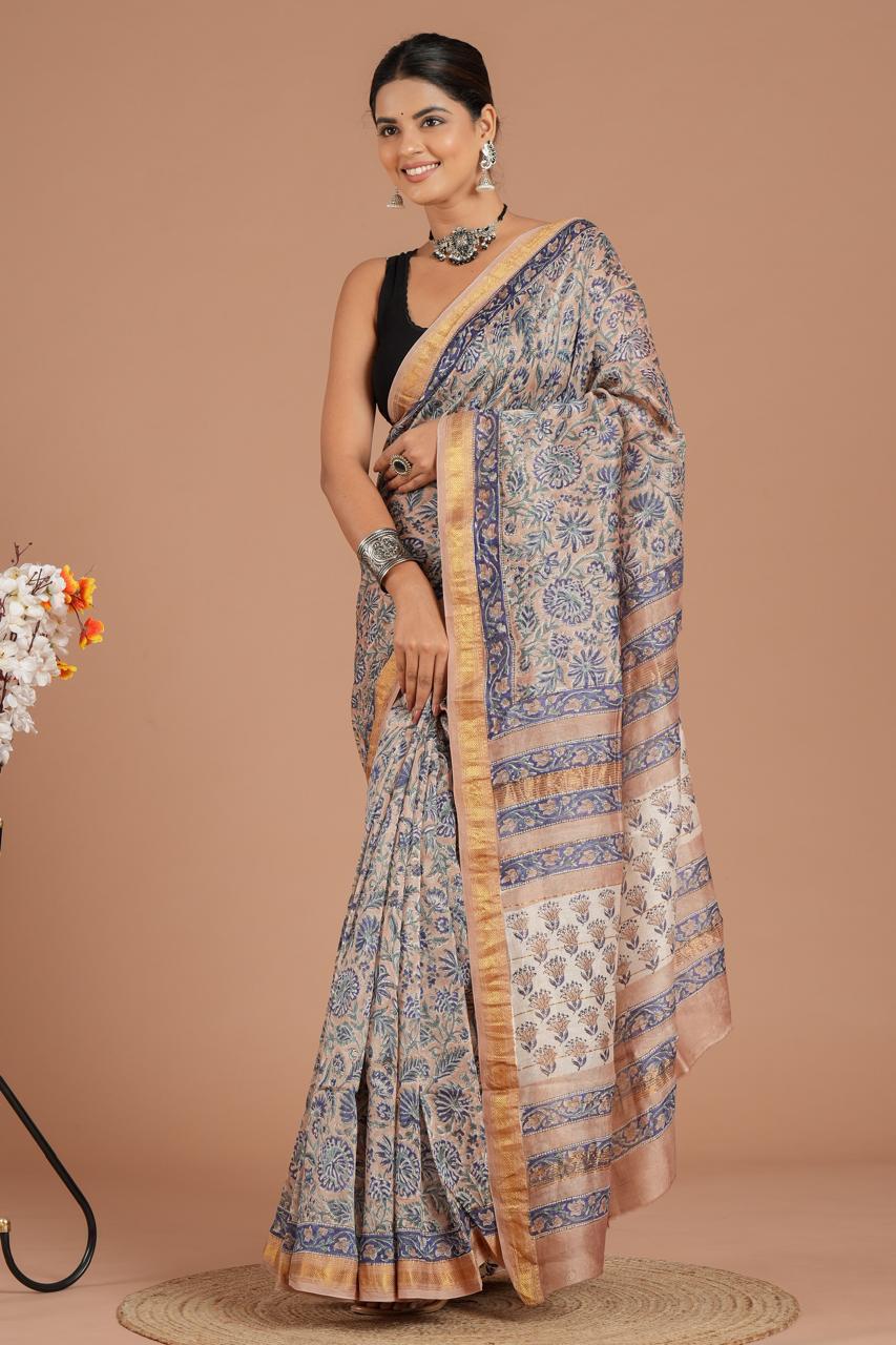 Maheshwari Silk Saree – Elegant Bagru Print | With Blouse Piece