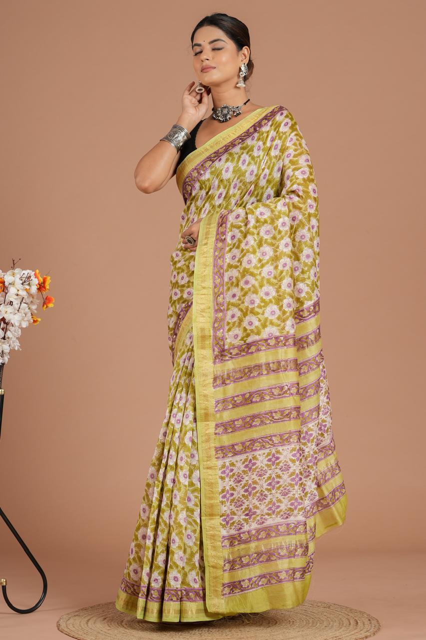 Maheshwari Silk Saree – Elegant Bagru Print | With Blouse Piece