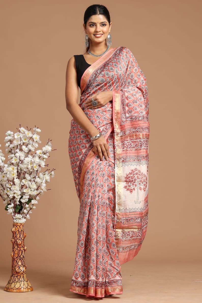 Maheshwari Silk Saree – Elegant Bagru Print | With Blouse Piece