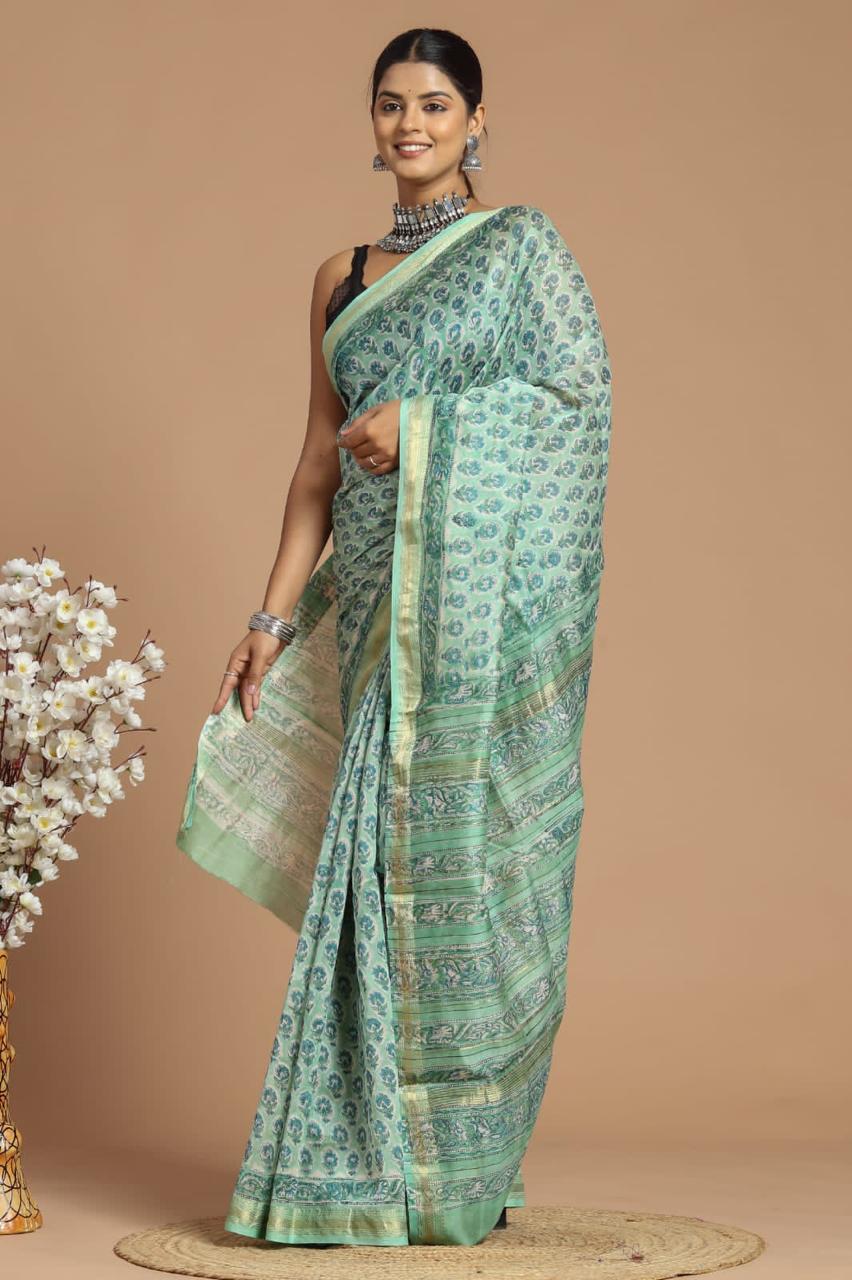 Maheshwari Silk Saree – Elegant Bagru Print | With Blouse Piece