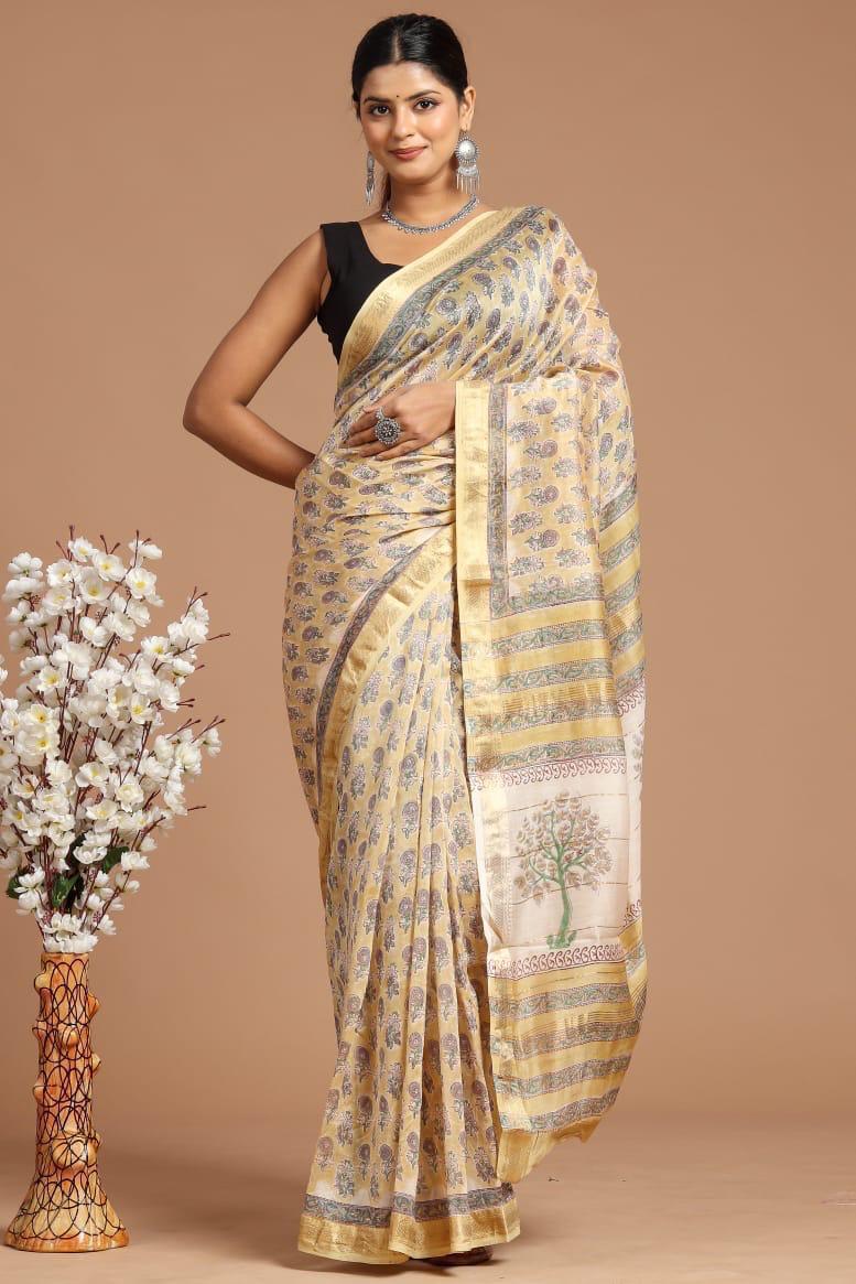 Maheshwari Silk Saree – Elegant Bagru Print | With Blouse Piece