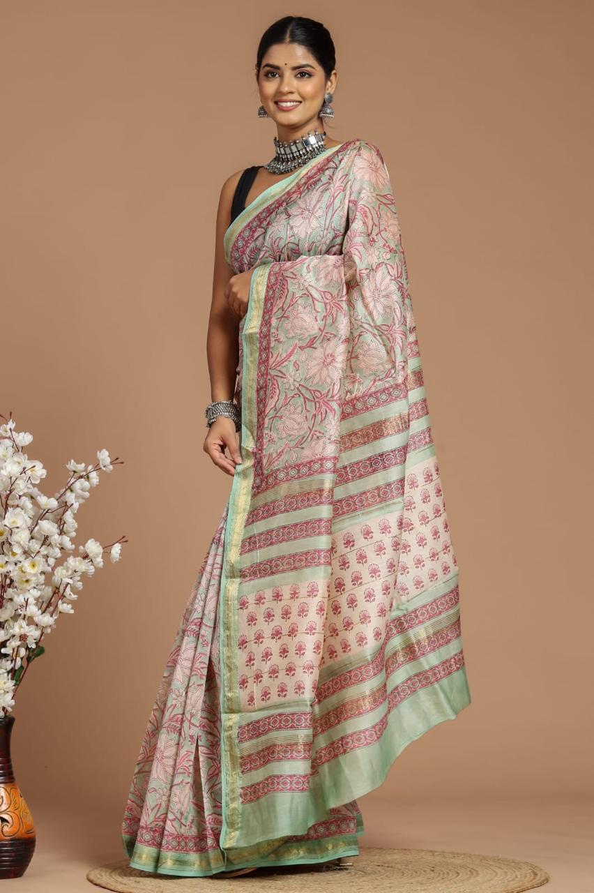 Maheshwari Silk Saree – Elegant Bagru Print | With Blouse Piece