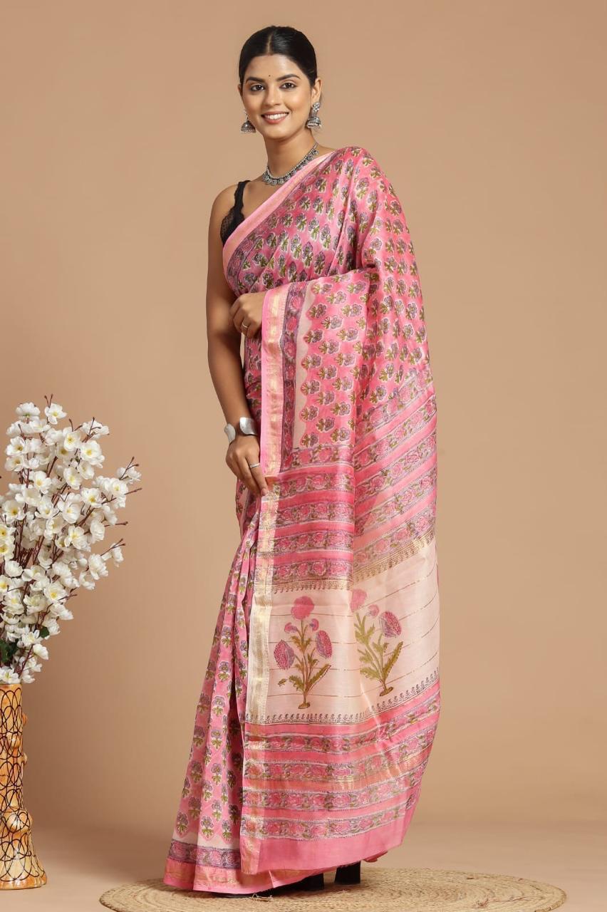 Maheshwari Silk Saree – Elegant Bagru Print | With Blouse Piece