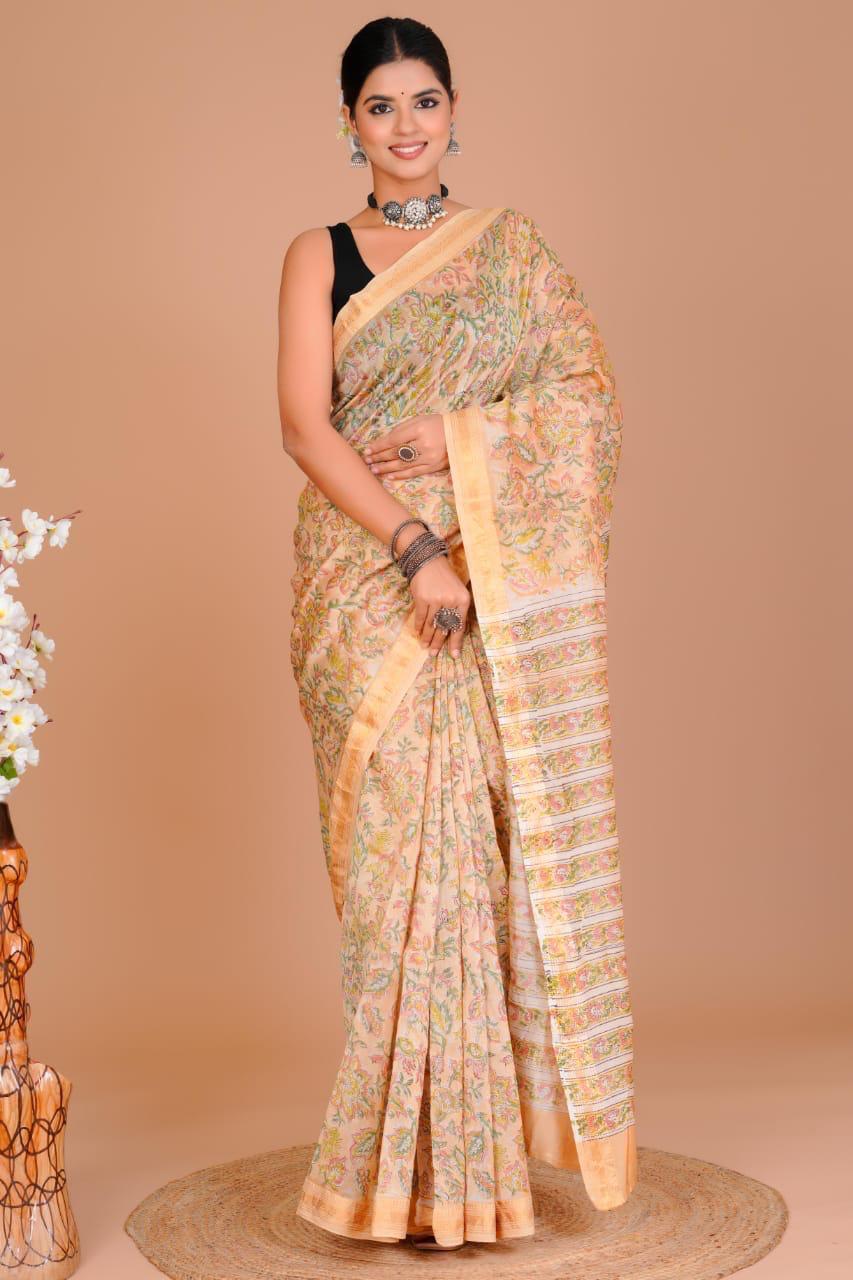 Maheshwari Silk Saree – Elegant Bagru Print | With Blouse Piece