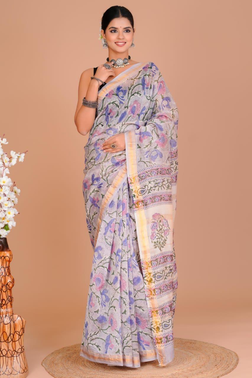 Maheshwari Silk Saree – Elegant Bagru Print | With Blouse Piece