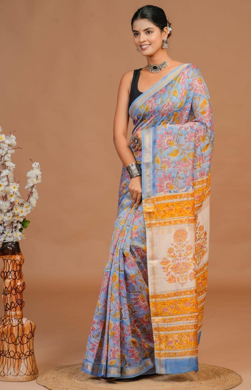 Maheshwari Silk Saree – Elegant Bagru Print | With Blouse Piece