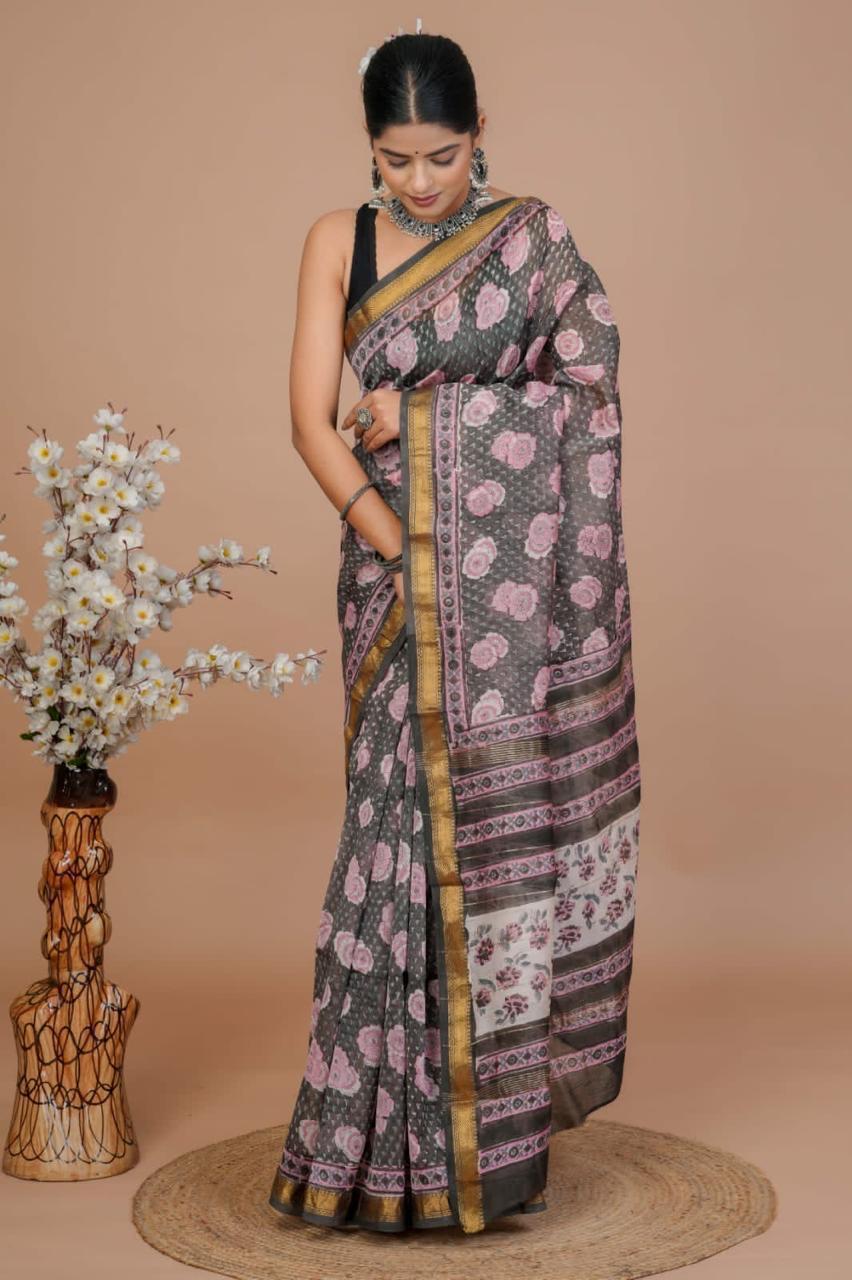 Maheshwari Silk Saree – Elegant Bagru Print | With Blouse Piece