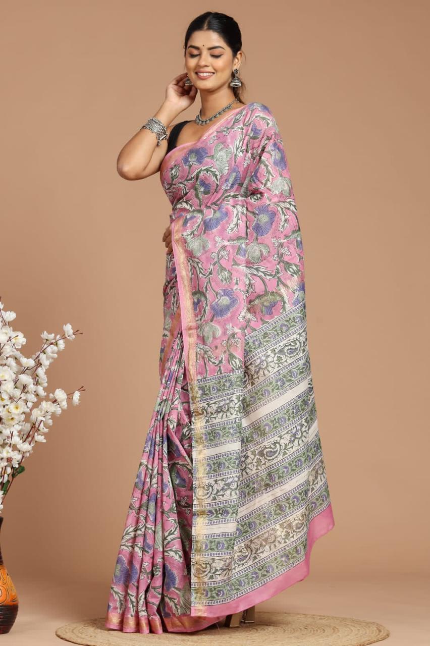 Maheshwari Silk Saree – Elegant Bagru Print | With Blouse Piece