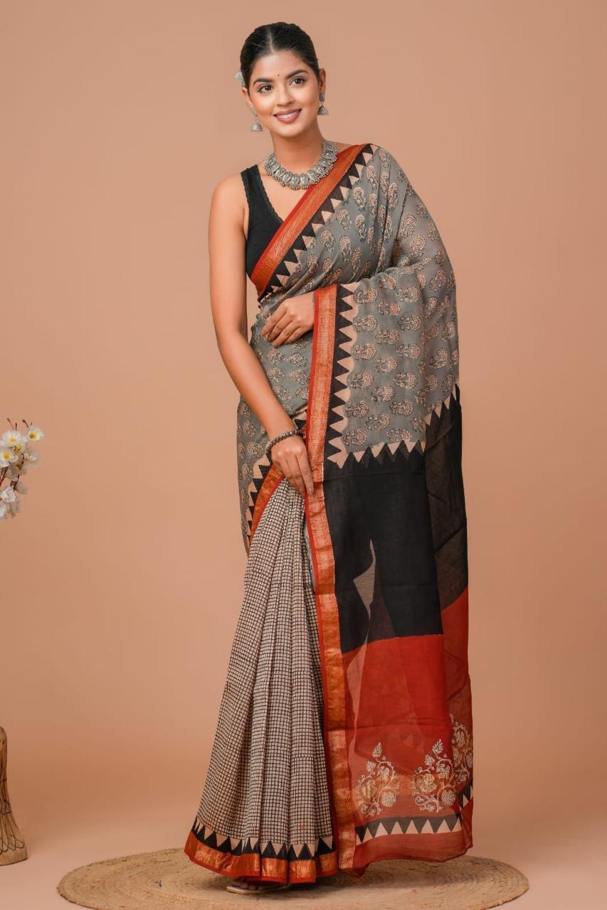 Maheshwari Silk Saree – Elegant Bagru Print | With Blouse Piece