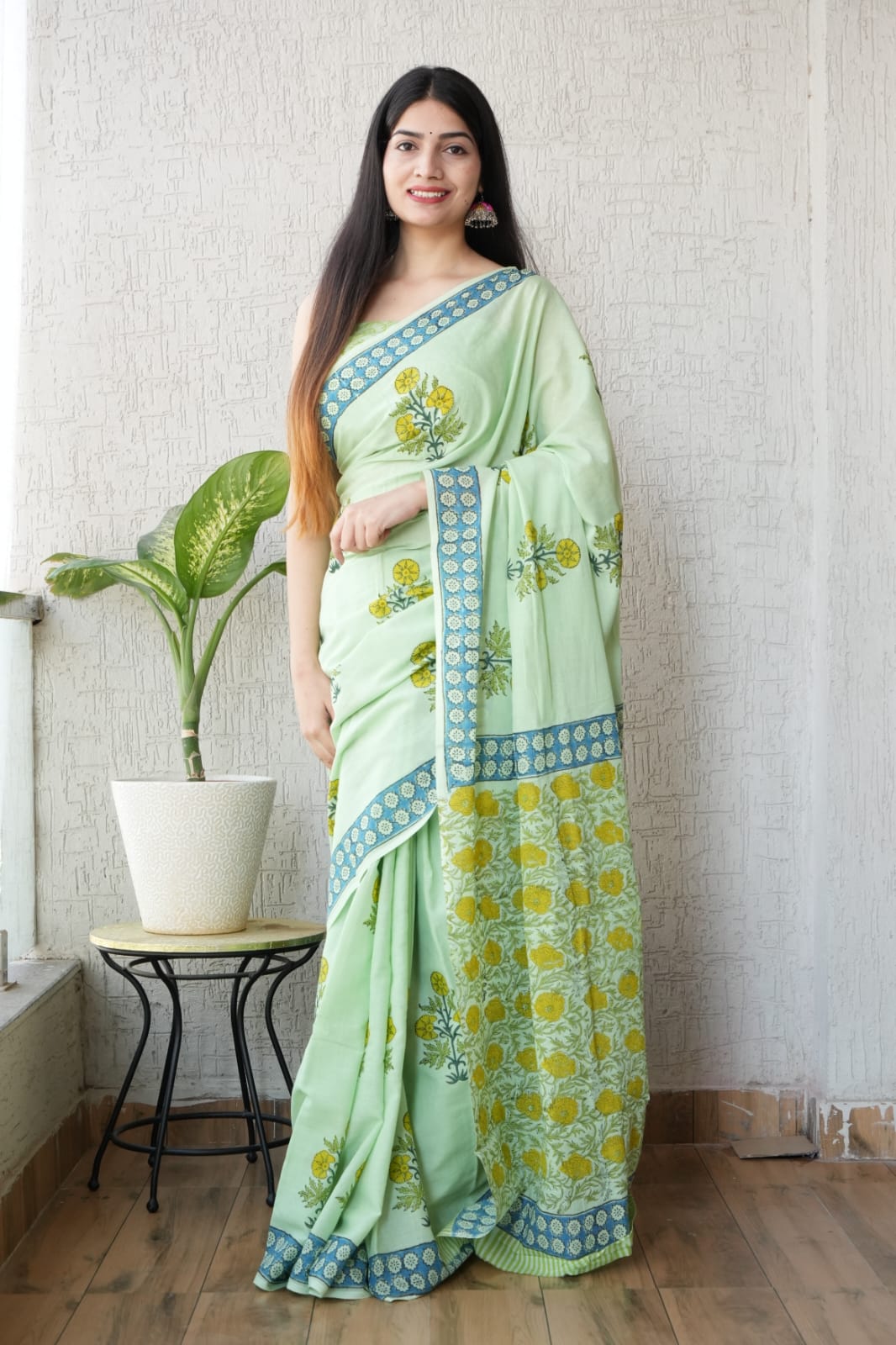 Mint Green Floral Bagru Handblock Printed Mulmul Saree