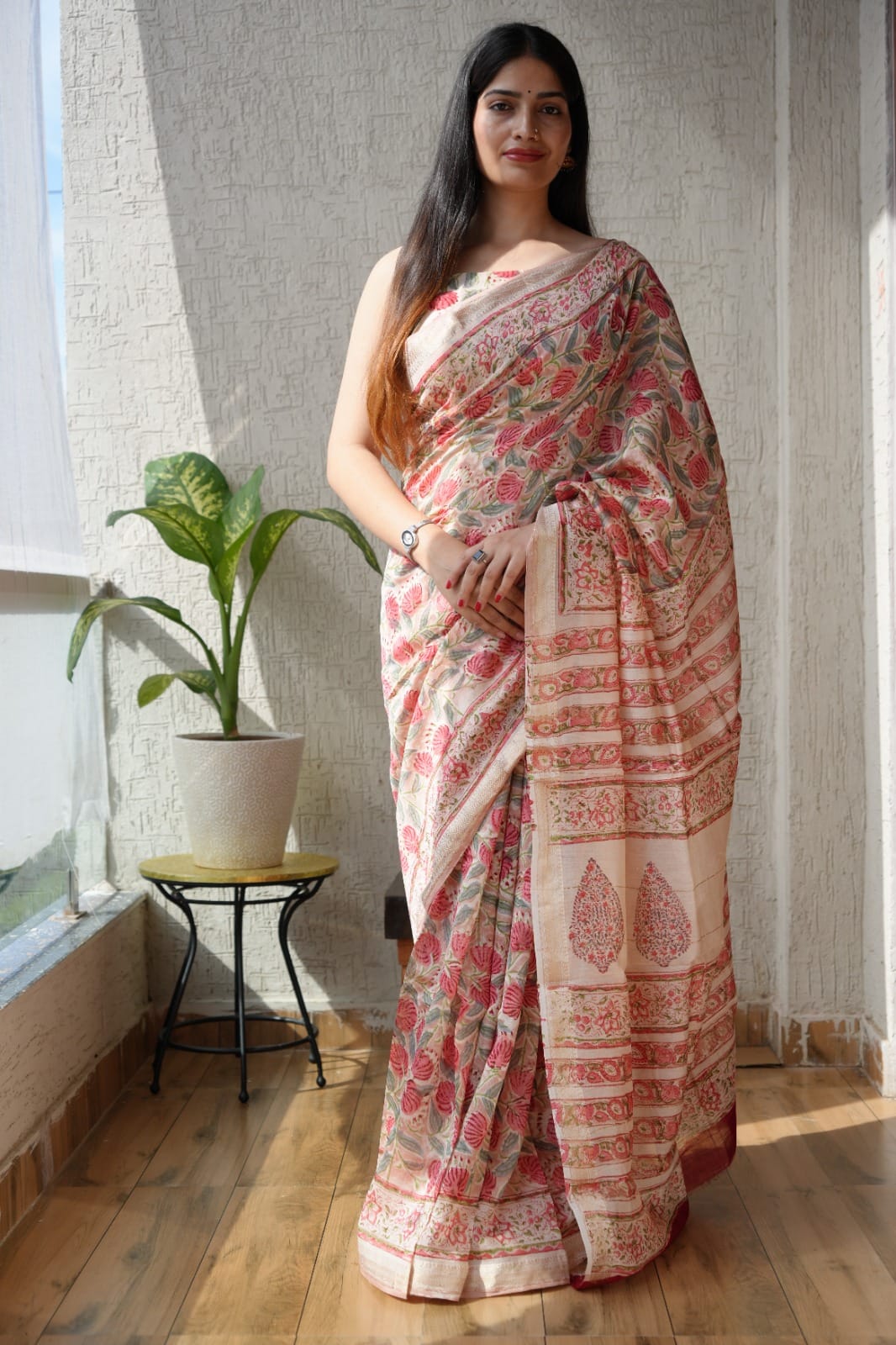 Bagru Hand Block Print Maheshwari Silk Saree