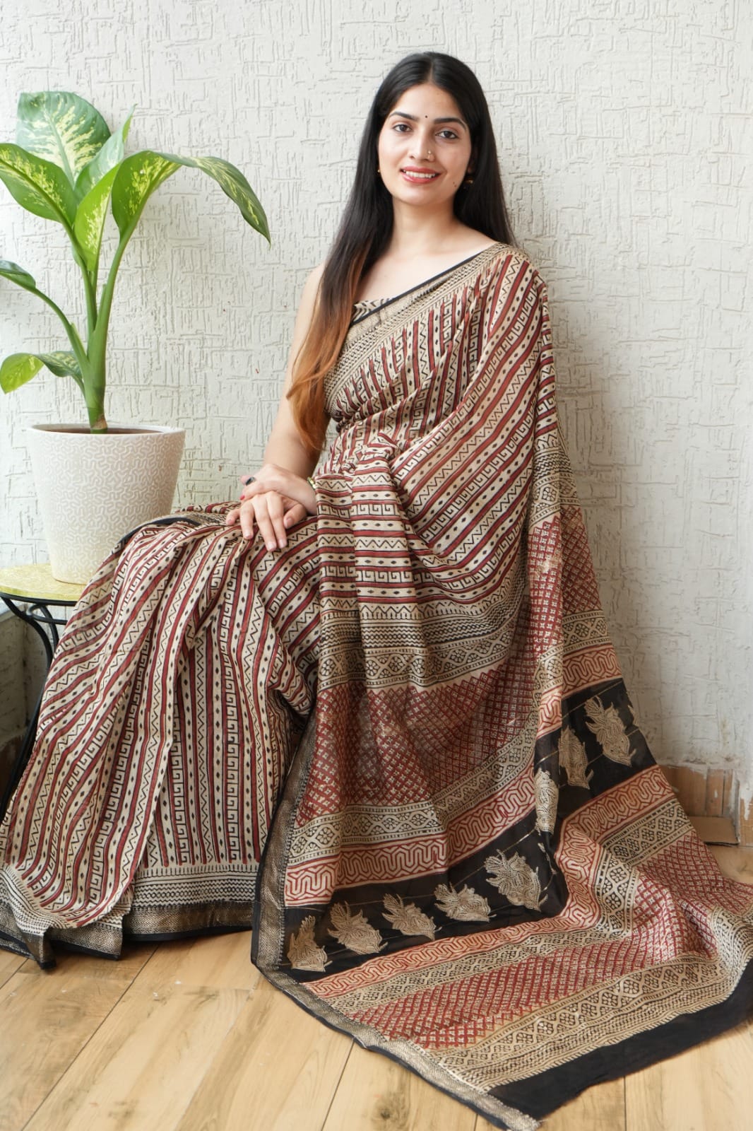 Bagru Hand Block Print Maheshwari Silk Saree