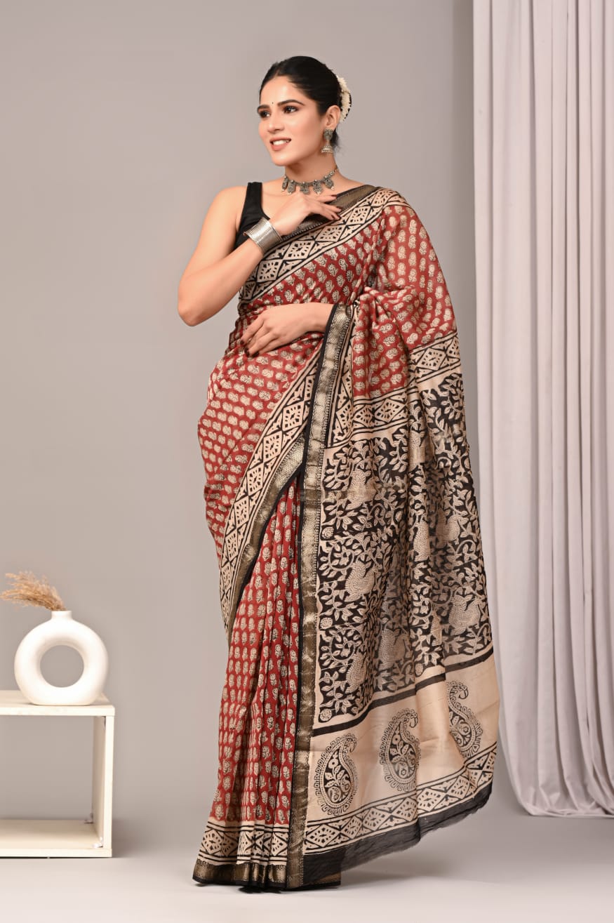 Bagru Hand Block Print Maheshwari Silk Saree