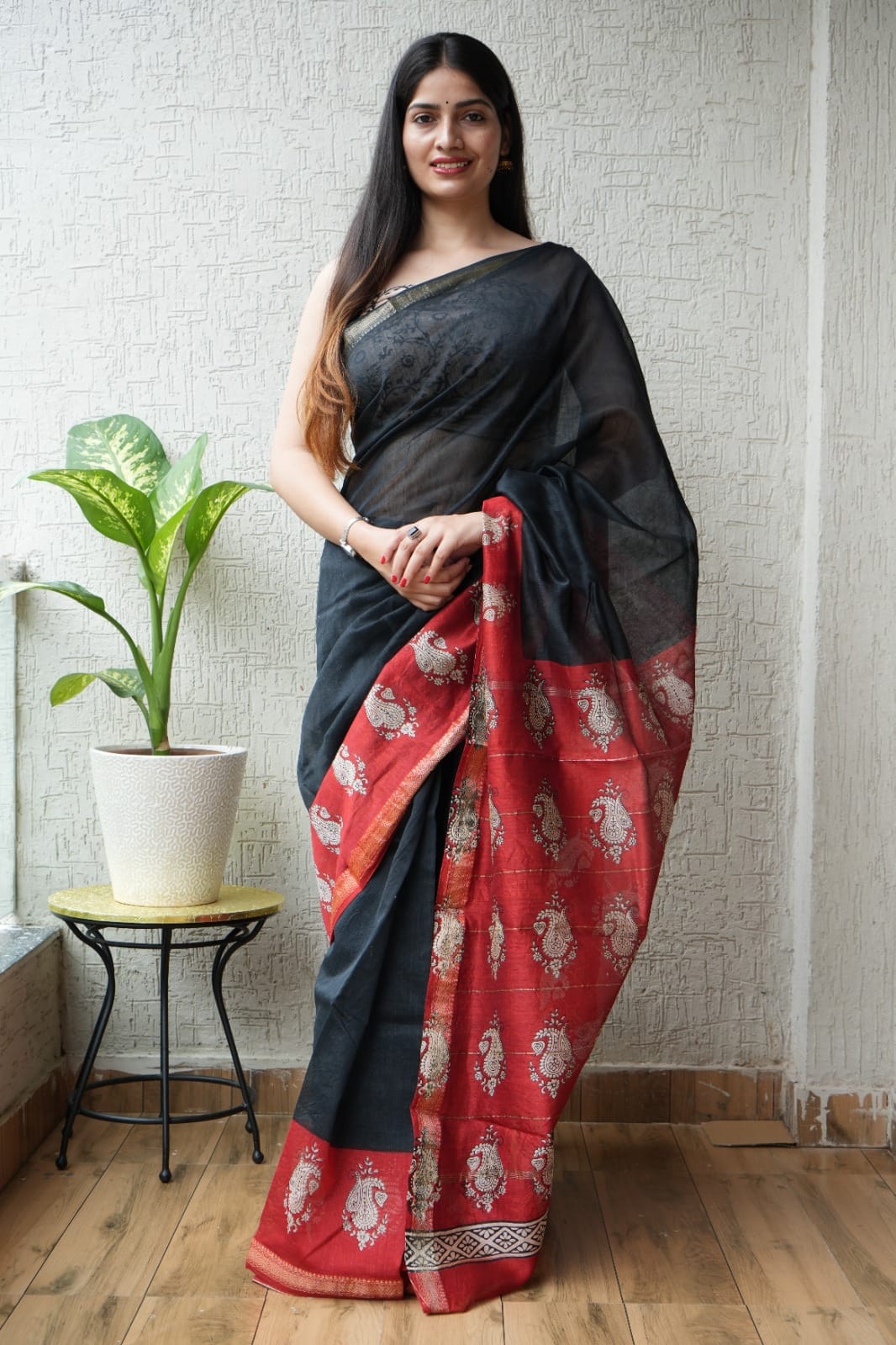 Bagru Hand Block Print Maheshwari Silk Saree