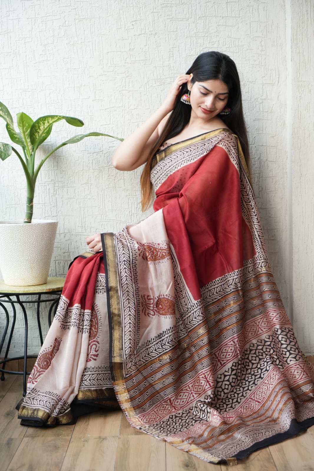 Bagru Hand Block Print Maheshwari Silk Saree