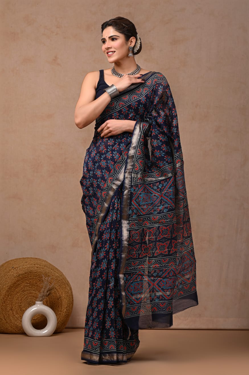 Bagru Hand Block Print Maheshwari Silk Saree