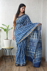 Bagru Hand Block Print Maheshwari Silk Saree