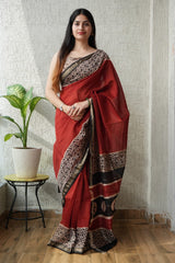 Bagru Hand Block Print Maheshwari Silk Saree