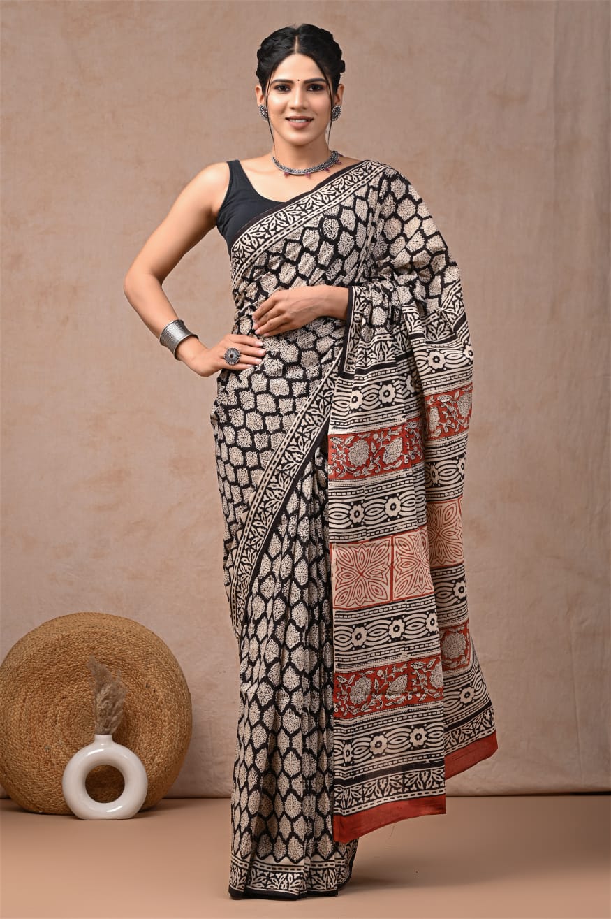 Black Elegance Bagru Hand Block Mulmul Saree