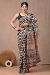 Black Elegance Bagru Hand Block Mulmul Saree