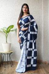 Indigo Blue Abstract Printed Handblock Mulmul Saree