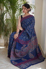Navy Blue Floral Printed Handblock Mulmul Saree