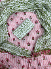 Pink Floral Hand Block Printed Cotton Suit Set with Green Mulmul Dupatta