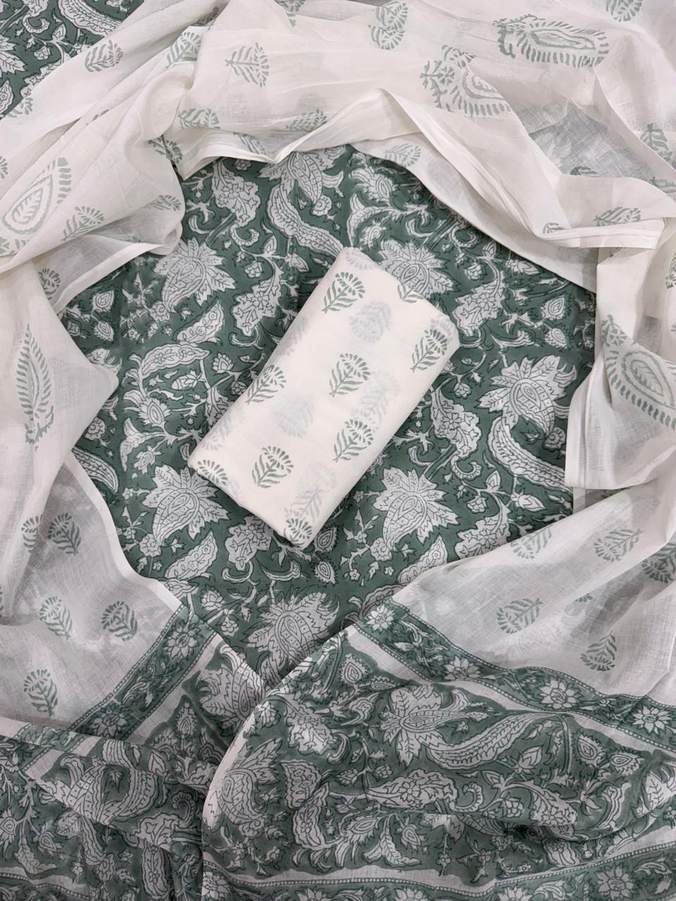 Sage Green Hand Block Printed Cotton Suit Set with Mulmul Dupatta