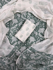 Sage Green Hand Block Printed Cotton Suit Set with Mulmul Dupatta