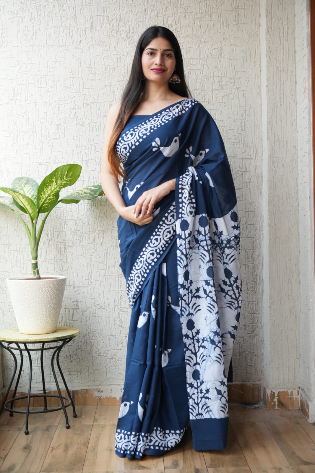 Navy Blue Batik Bagru Handblock Print Mulmul Saree