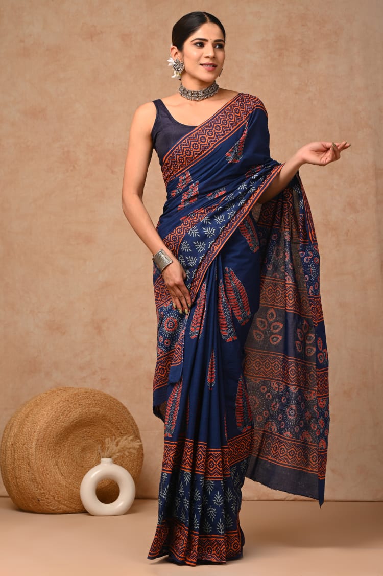 Navy Blue Ethnic Bagru Handblock Printed Mulmul Saree