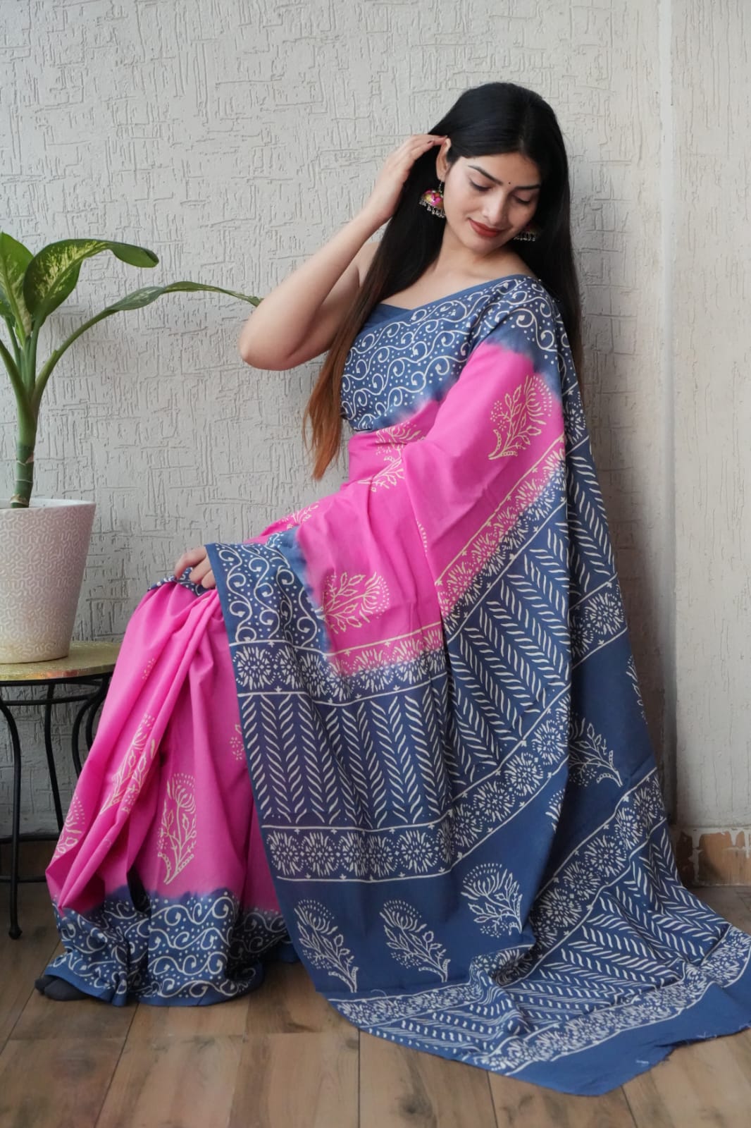 Rani Pink Handblock Printed Mulmul Saree