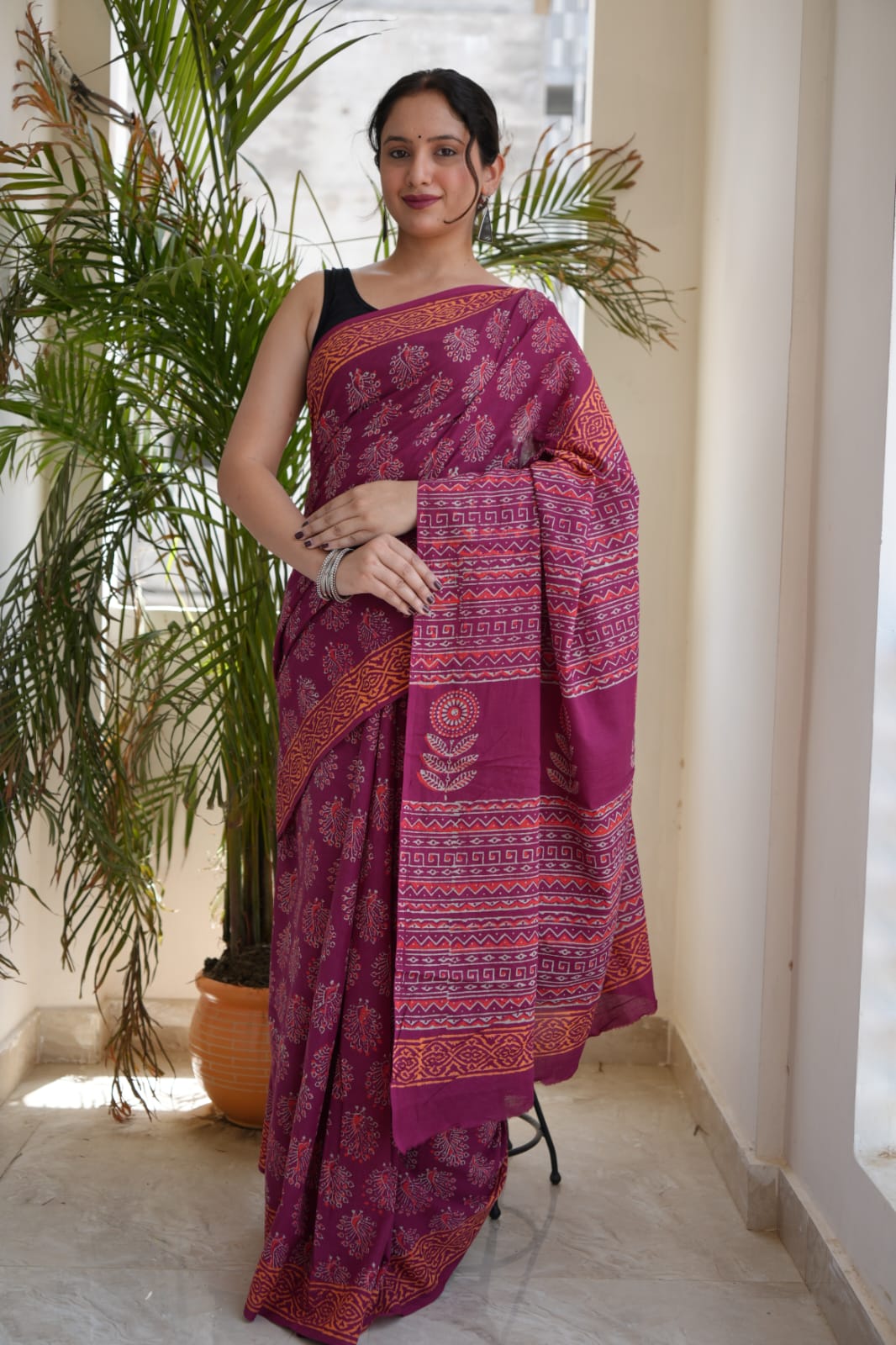 Magenta Ethnic  Bagru Handblock Print Mulmul Saree