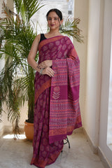 Magenta Ethnic  Bagru Handblock Print Mulmul Saree