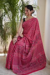 Rani Pink Traditional Print Handblock Mulmul Saree