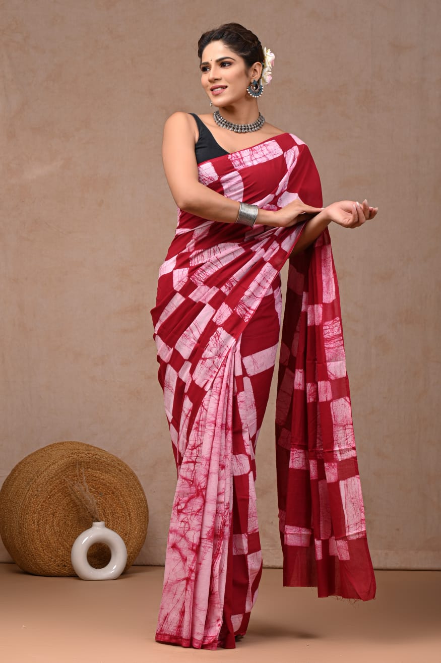 Crimson Blush Batik Bagru Handblock Printed Mulmul Saree