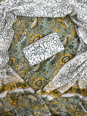 Olive Green Floral Handblock Print Cotton Suit with Mulmul Dupatta