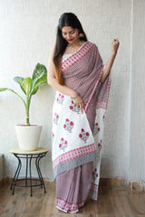 White Maroon Floral Bagru Handblock Printed Mulmul Saree