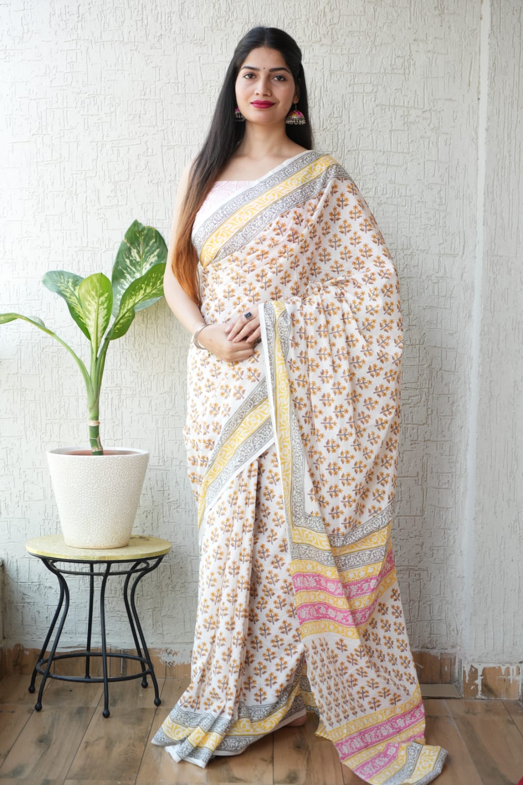White Yellow Floral Handblock Printed Mulmul Sare