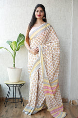 White Yellow Floral Handblock Printed Mulmul Sare