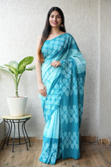 Turquoise Blue Floral Print Handblock Mulmul Saree