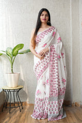 White Pink Floral Printed Handblock mulmul Saree