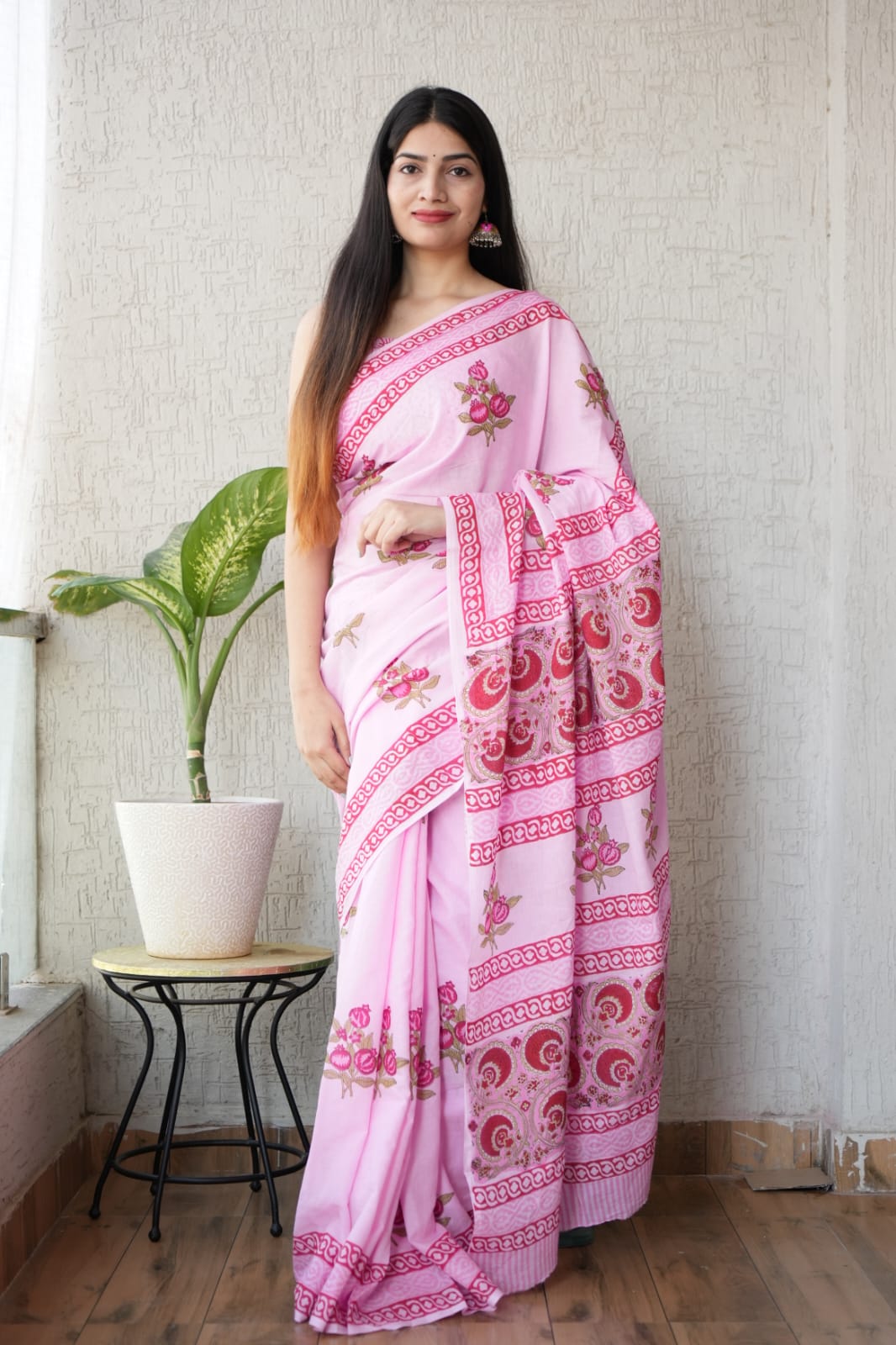 Soft Pink Handblock Print Mulmul Saree