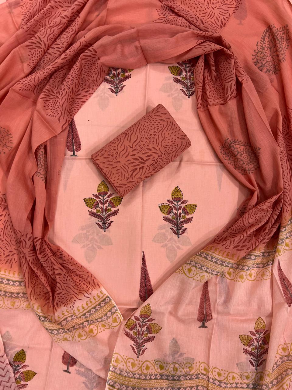 Blush Bloom Handblock Printed Cotton Suit Set with Soft Mulmul Dupatta