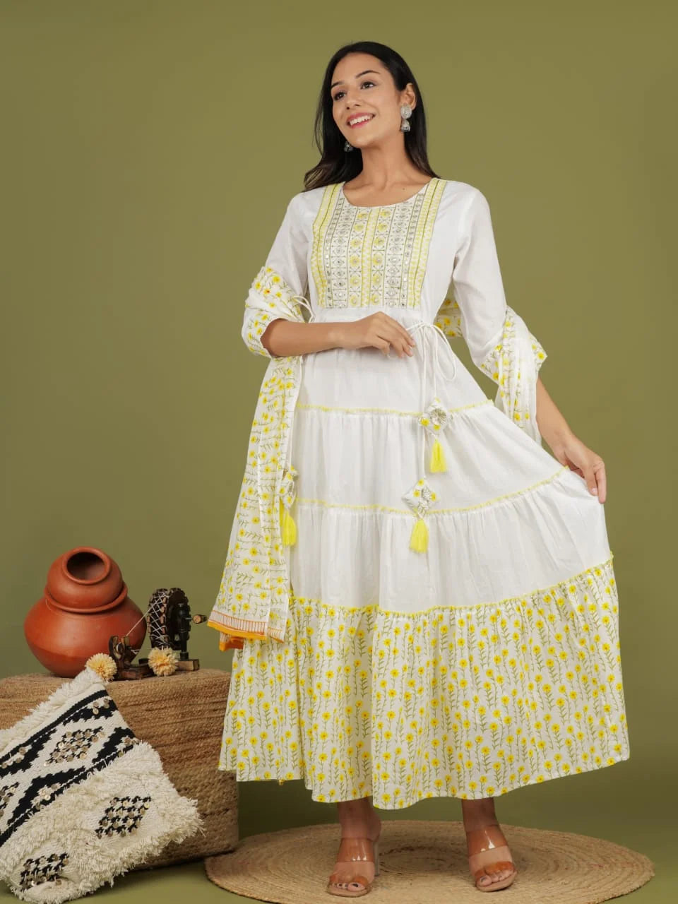 Pure Cotton Kurta & Dupatta Set | Cotton Malmal Fabric | Embroidered Neck Design
