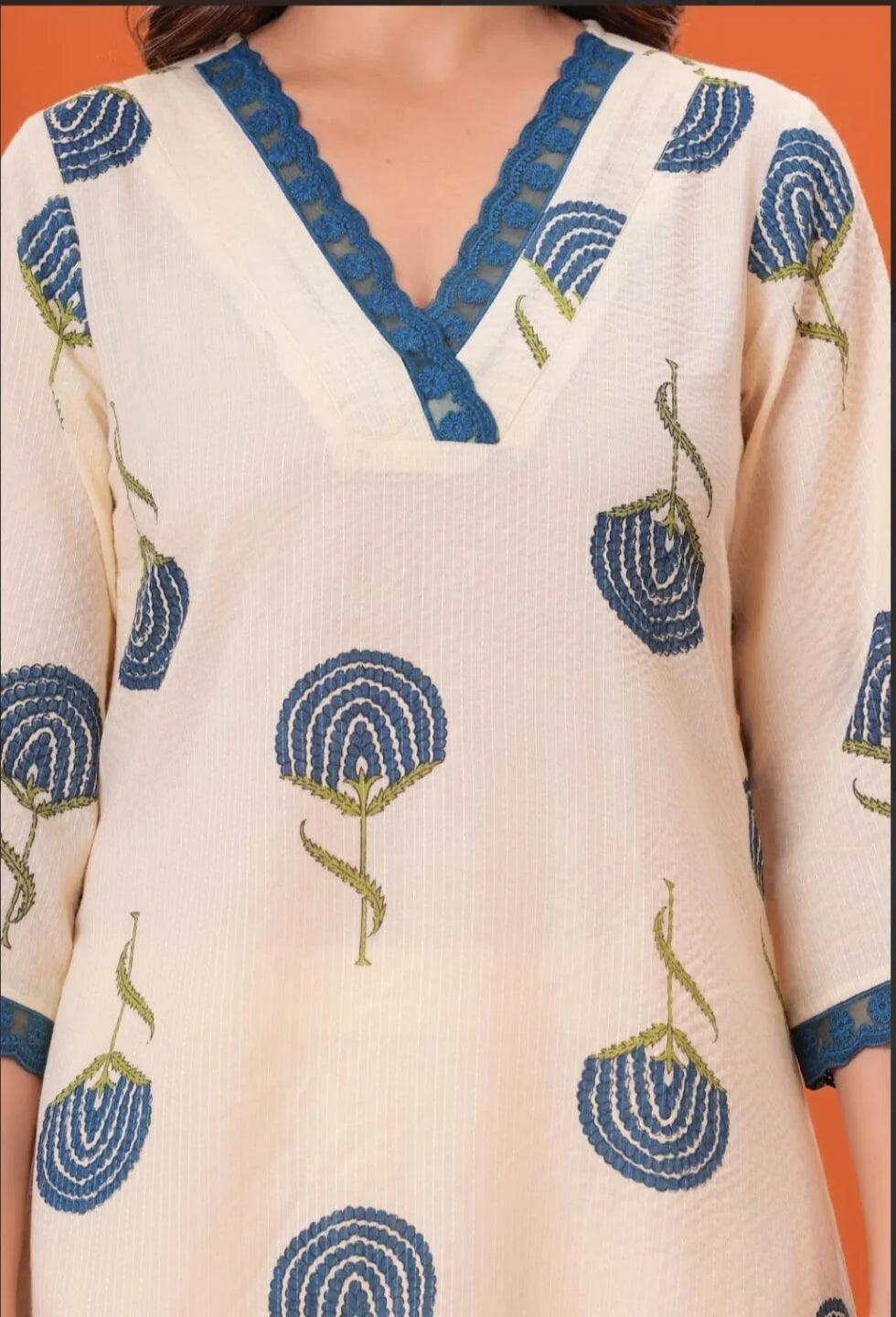 Pure Cotton Printed Kurta Fabric | Lace Work on Neck & Sleeves | Comfortable & Elegant