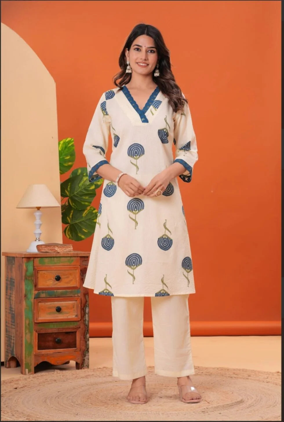 Pure Cotton Printed Kurta Fabric | Lace Work on Neck & Sleeves | Comfortable & Elegant